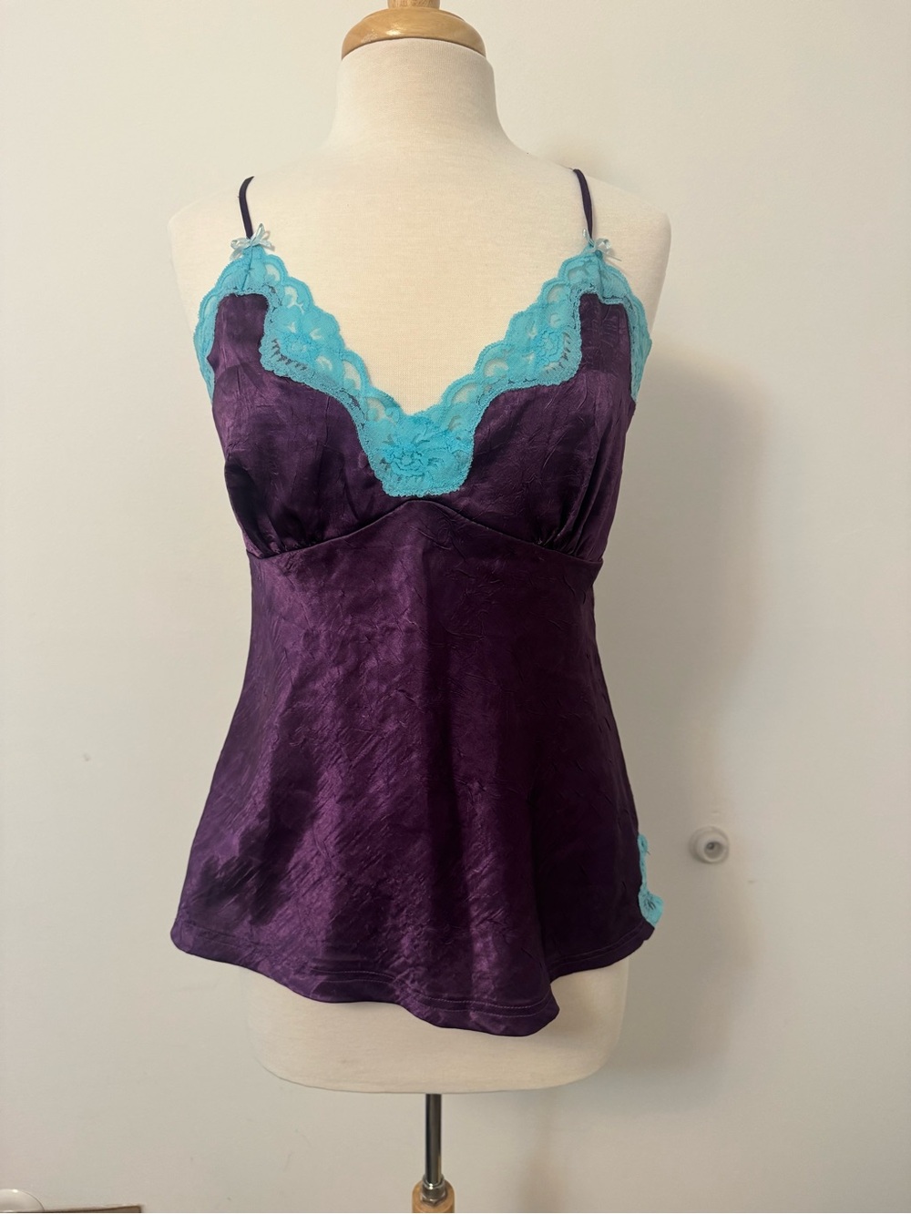 Vintage Y2K Purple Satin Camisole with Turquoise Lace Trim